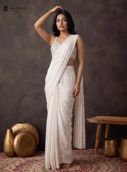 Off White Ready Draped Saree With Cut Dana Embroidery Blouse