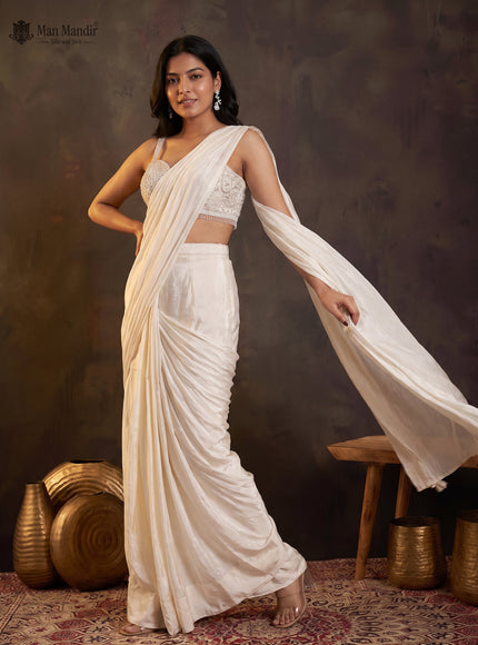 Off White Ready Draped Saree With Cut Dana Embroidery Blouse