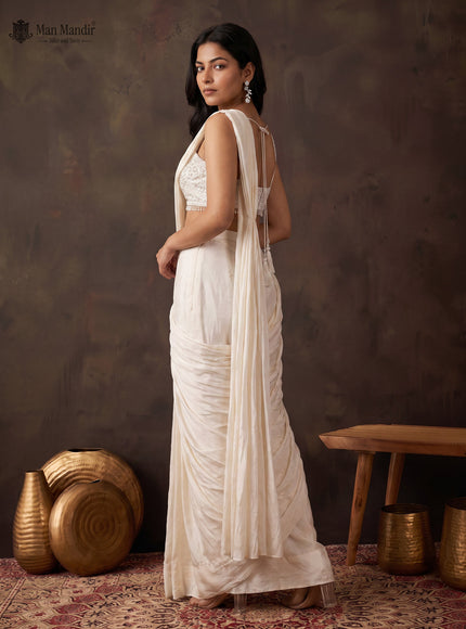 Off White Ready Draped Saree With Cut Dana Embroidery Blouse