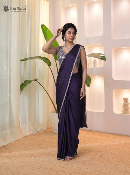 Navy Blue Ready Draped Saree With Cut Dana Blouse