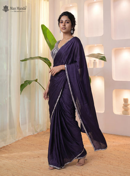Navy Blue Ready Draped Saree With Cut Dana Blouse