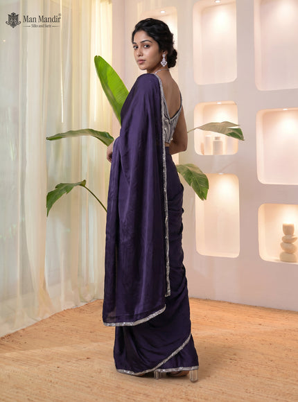 Navy Blue Ready Draped Saree With Cut Dana Blouse