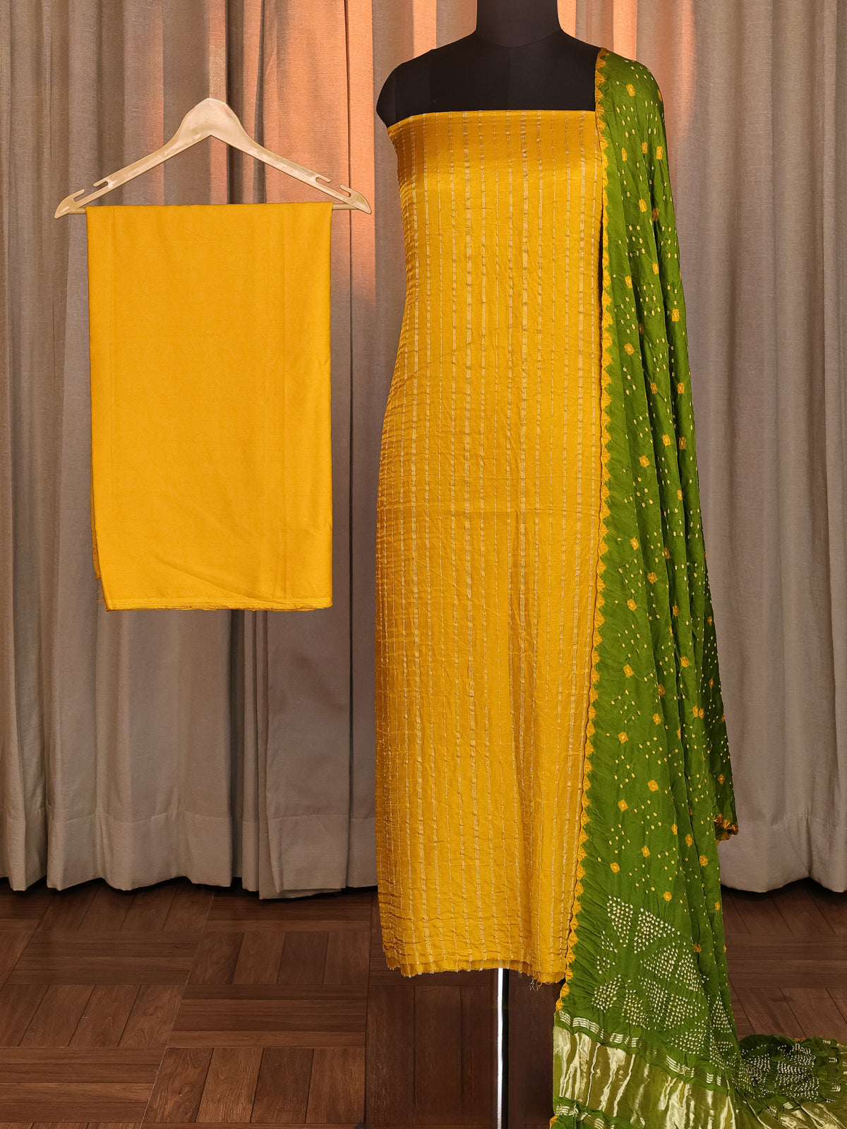 Yellow & Green Gajji Unstitched Suit
