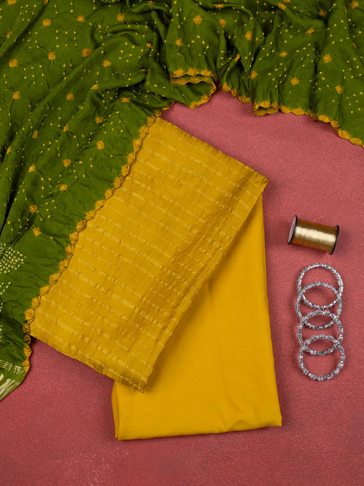 Yellow & Green Gajji Unstitched Suit