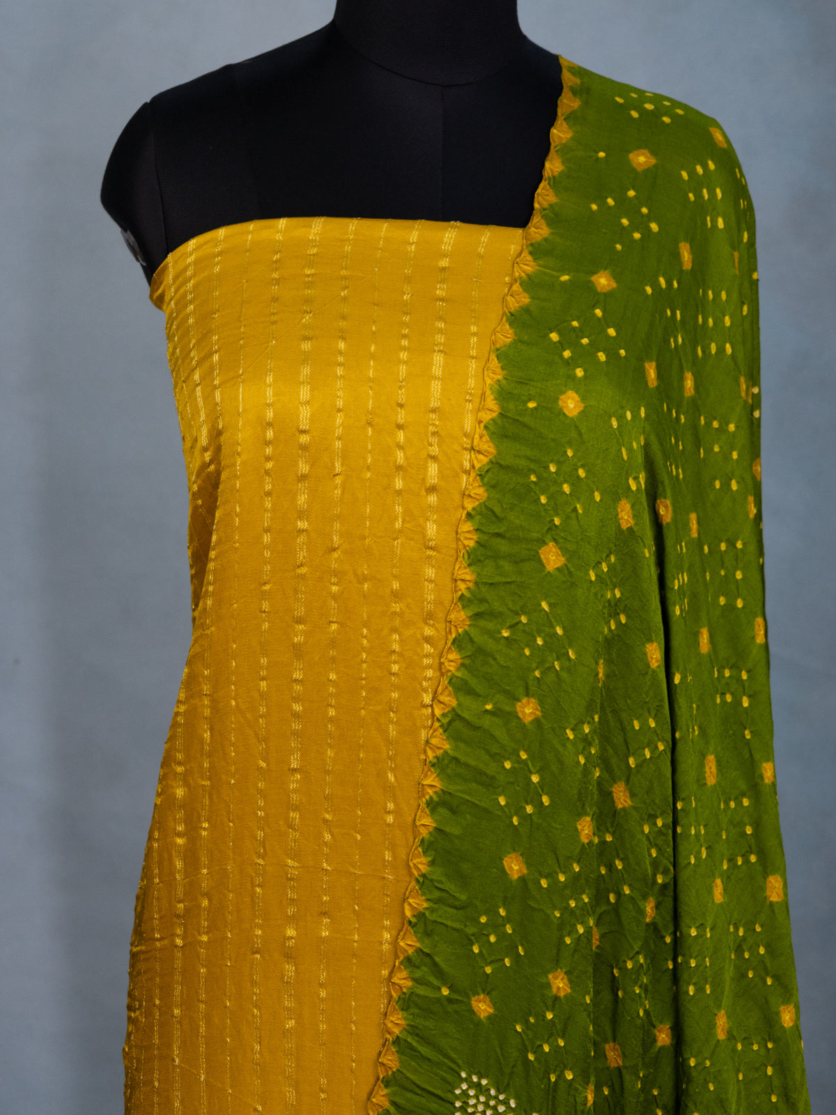 Yellow & Green Gajji Unstitched Suit