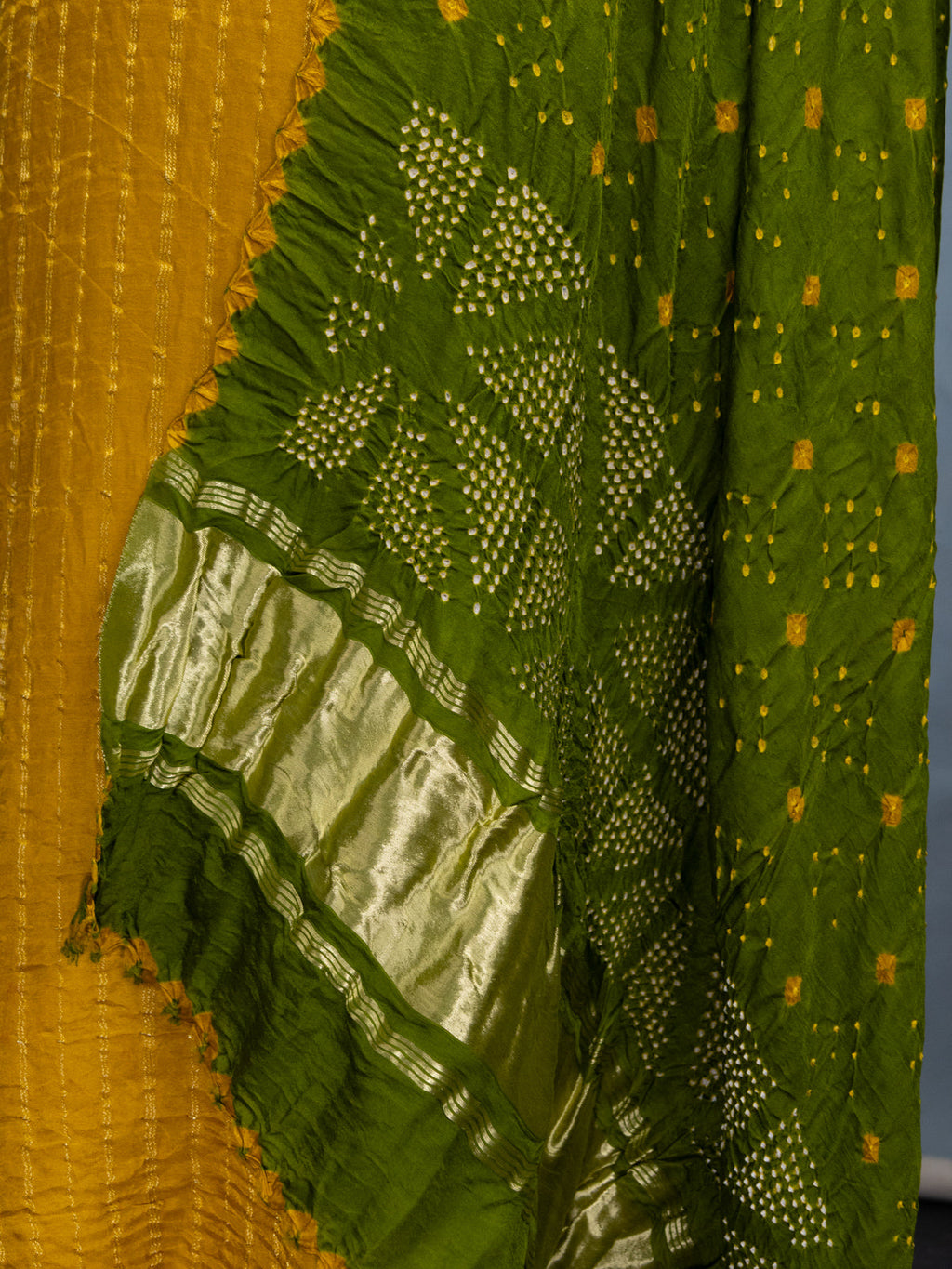 Yellow & Green Gajji Unstitched Suit