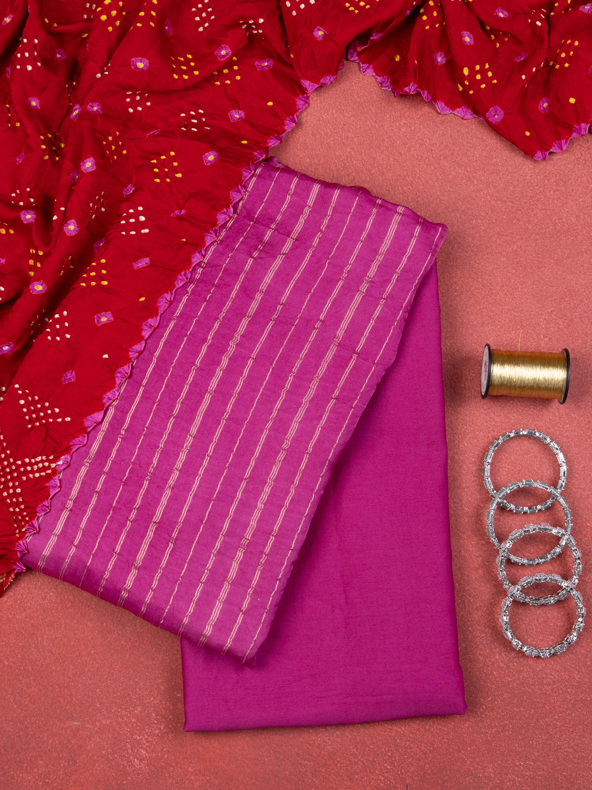 Pink & Red Gajji Unstitched