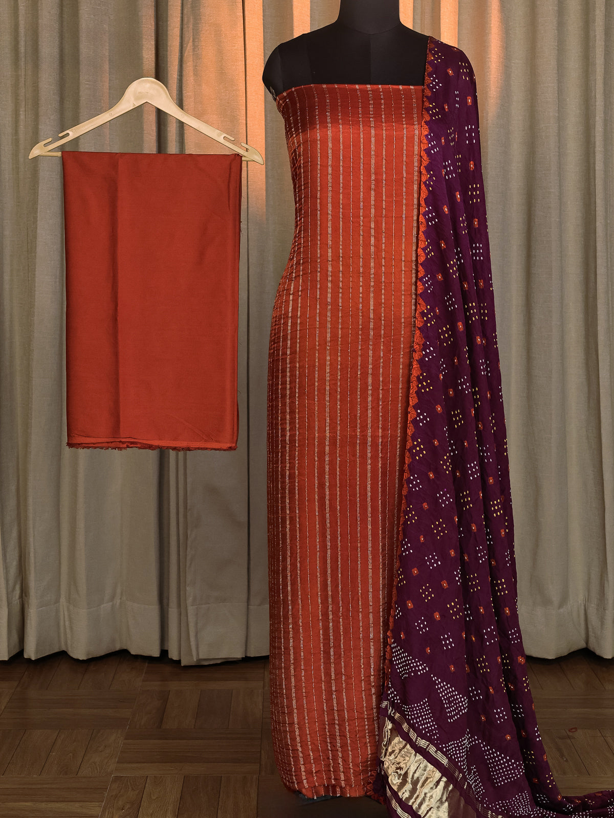 Rustic Orange & Wine Gajji Unstitched Suit