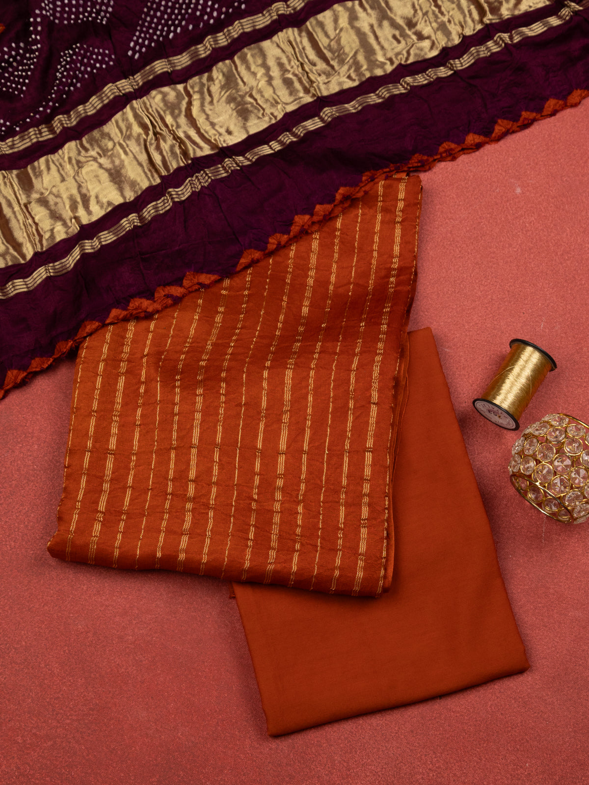 Rustic Orange & Wine Gajji Unstitched Suit