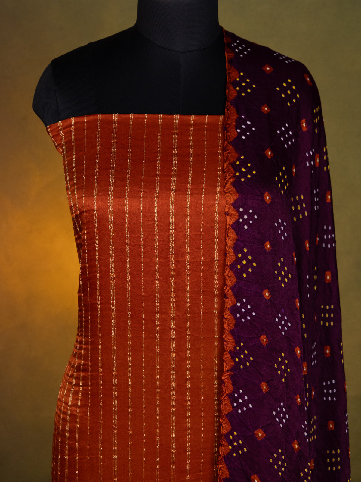 Rustic Orange & Wine Gajji Unstitched Suit