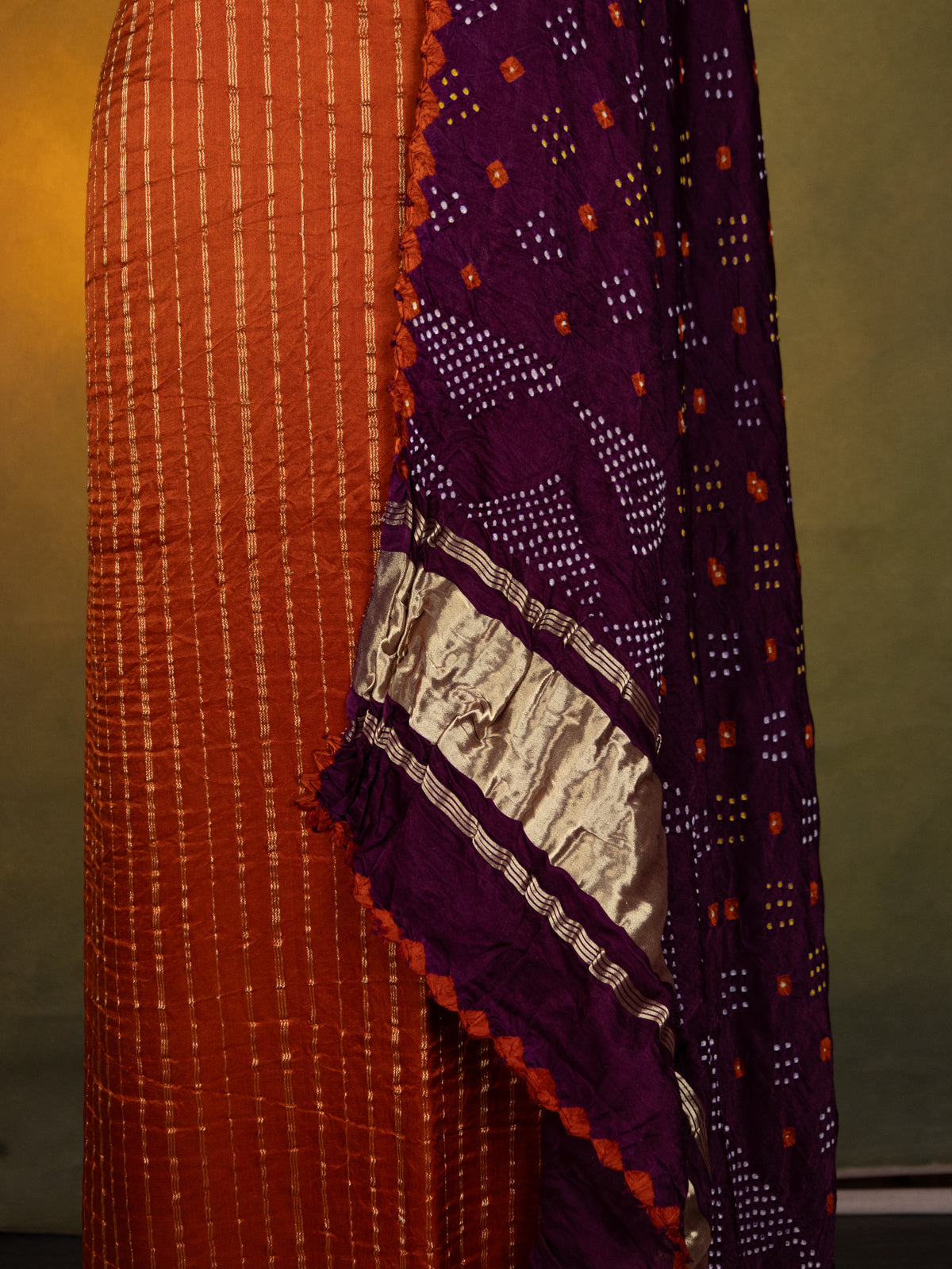 Rustic Orange & Wine Gajji Unstitched Suit