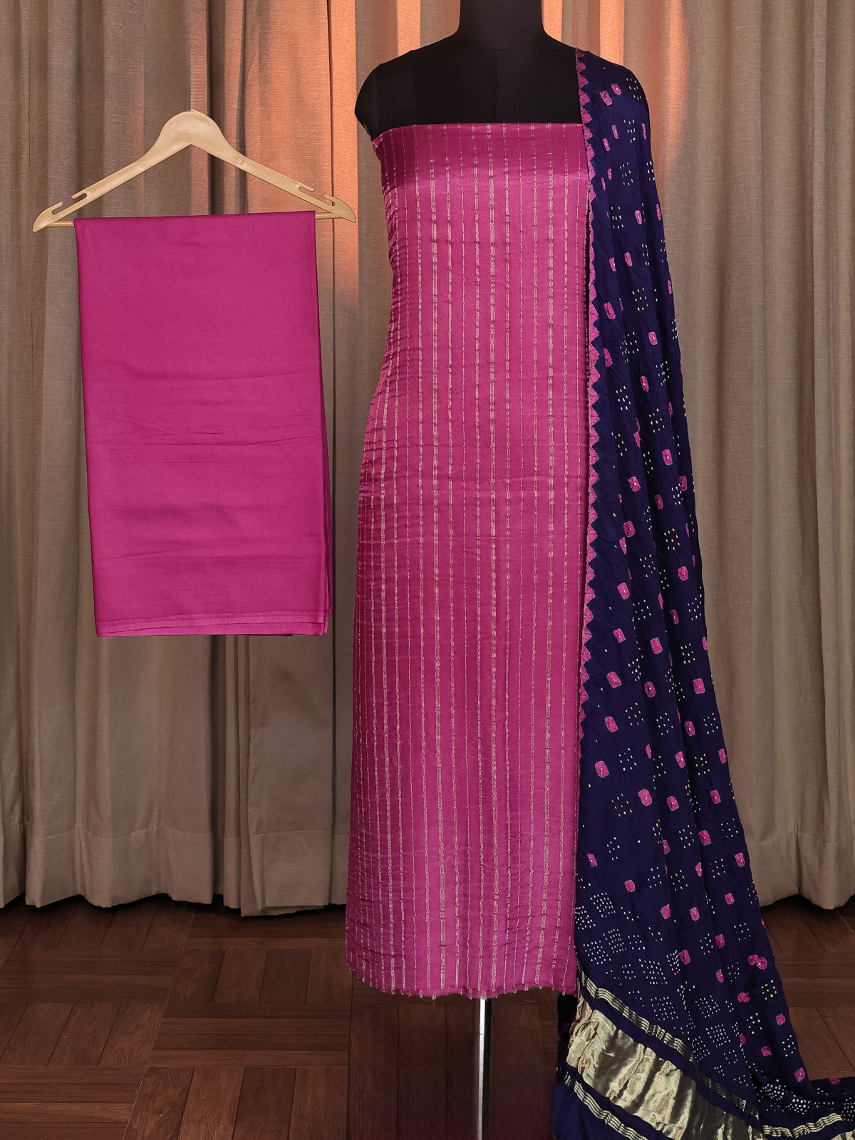 Pink & Navy Blue Gajji Unstitched Suit