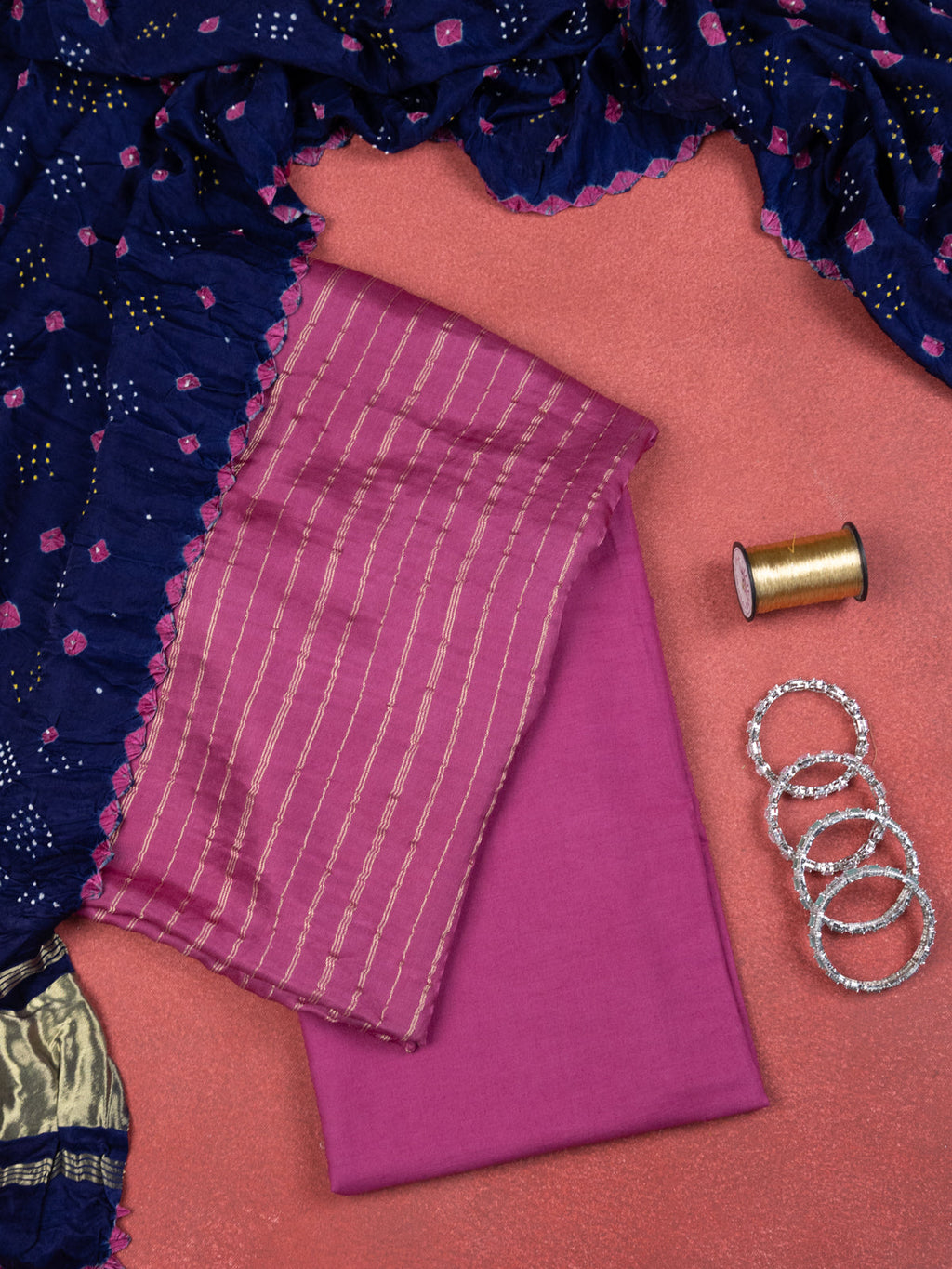 Pink & Navy Blue Gajji Unstitched Suit