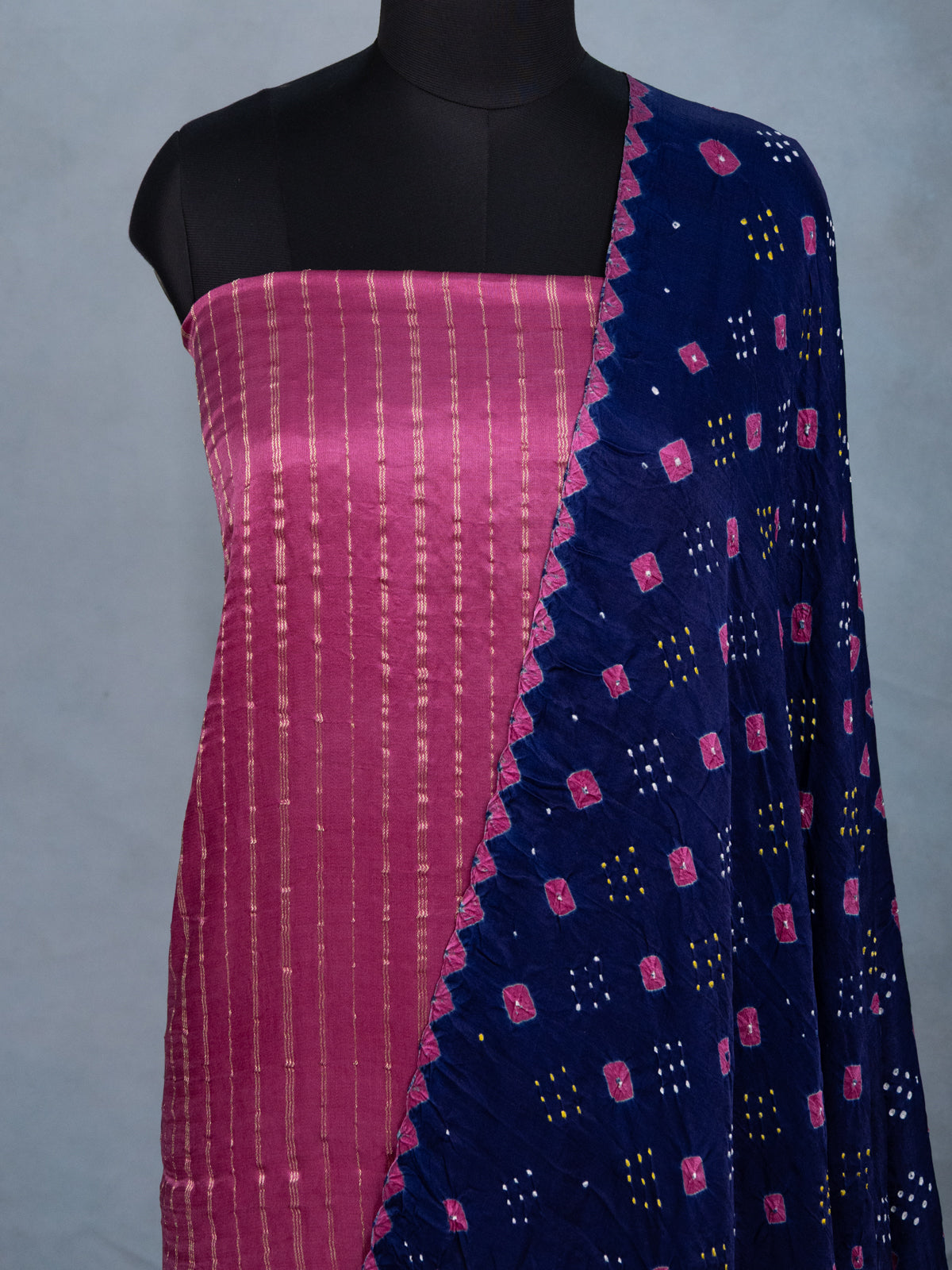 Pink & Navy Blue Gajji Unstitched Suit