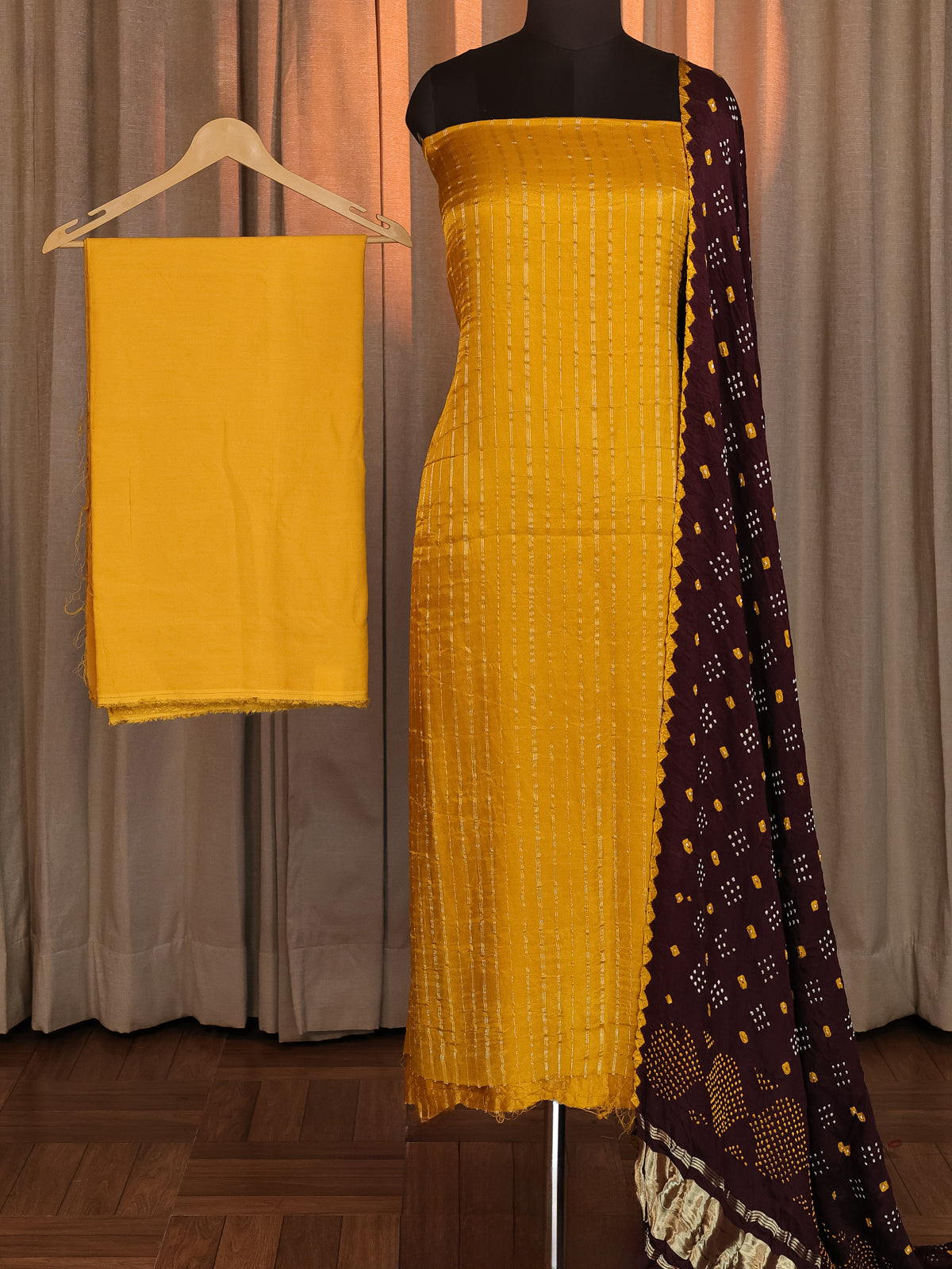 Elegant Yellow & Wine Gajji Unstitched Suit