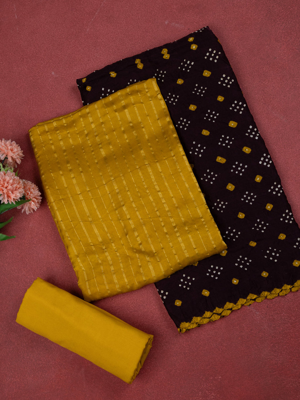 Elegant Yellow & Wine Gajji Unstitched Suit