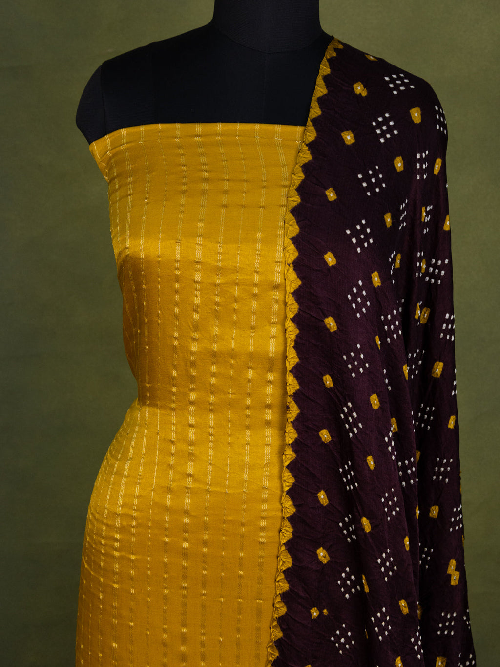 Elegant Yellow & Wine Gajji Unstitched Suit