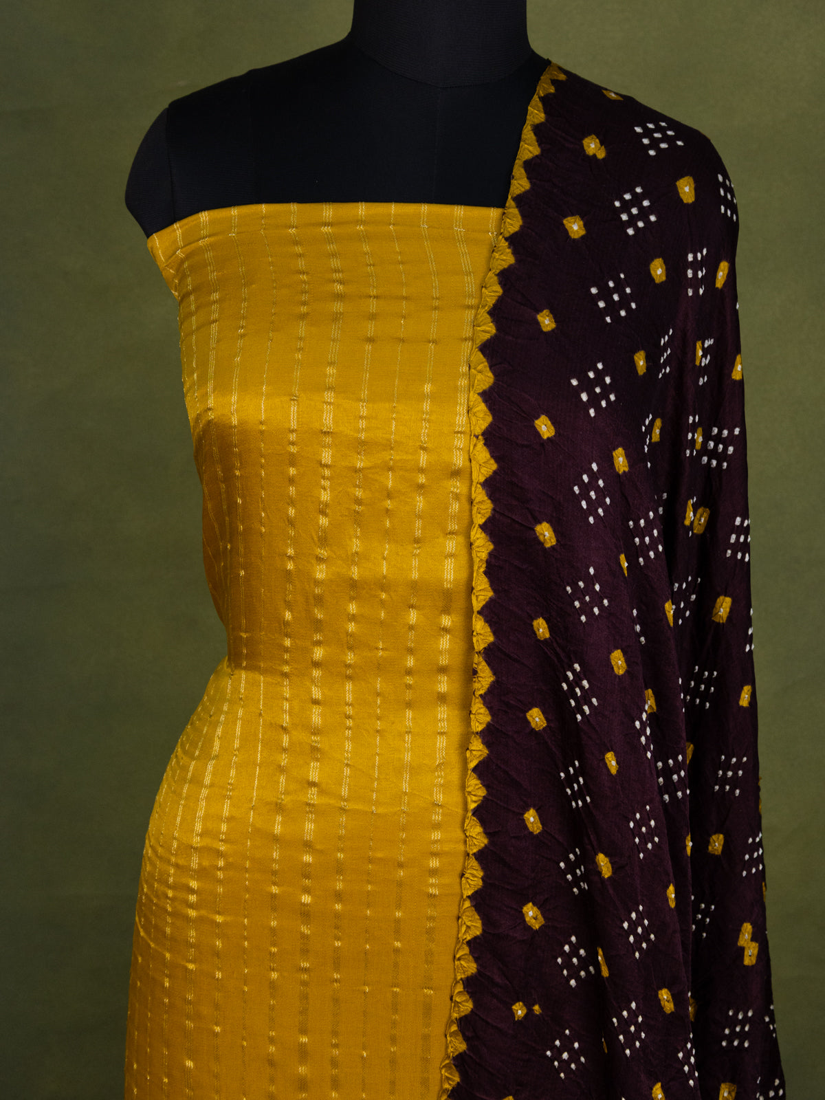 Elegant Yellow & Wine Gajji Unstitched Suit