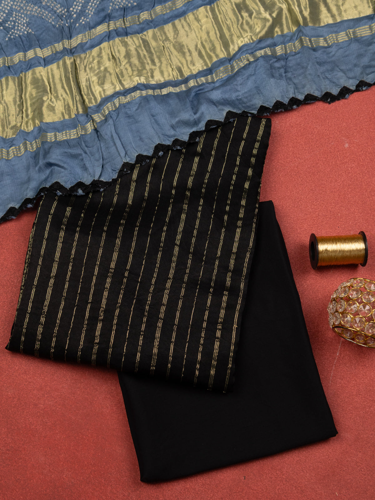 Black & Blue Gajji Unstitched Suit