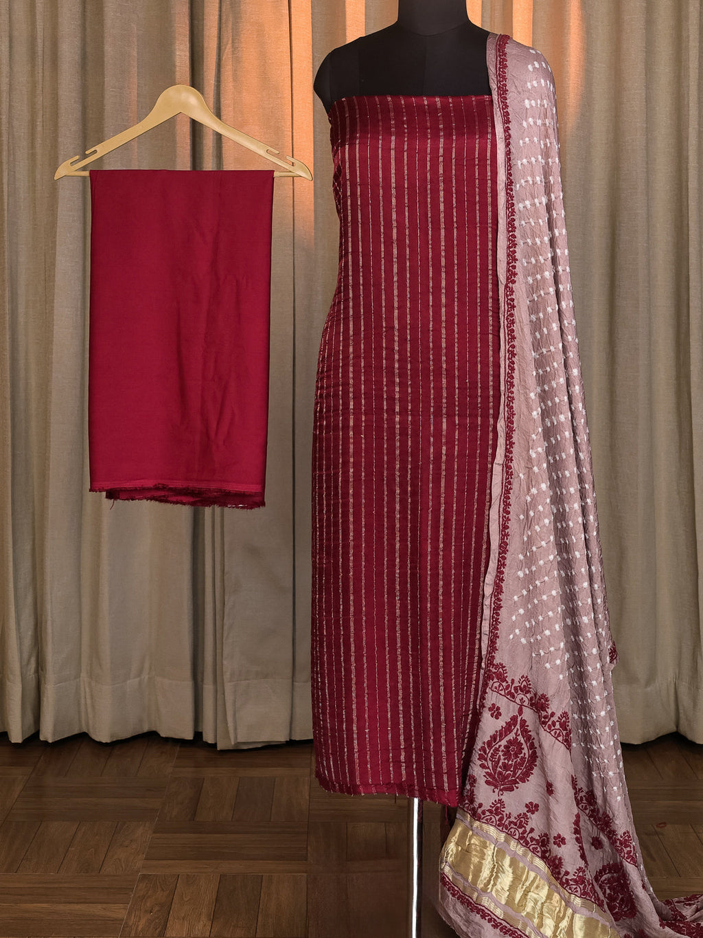 Maroon & Pastel Brown Gajji Unstitched Suit
