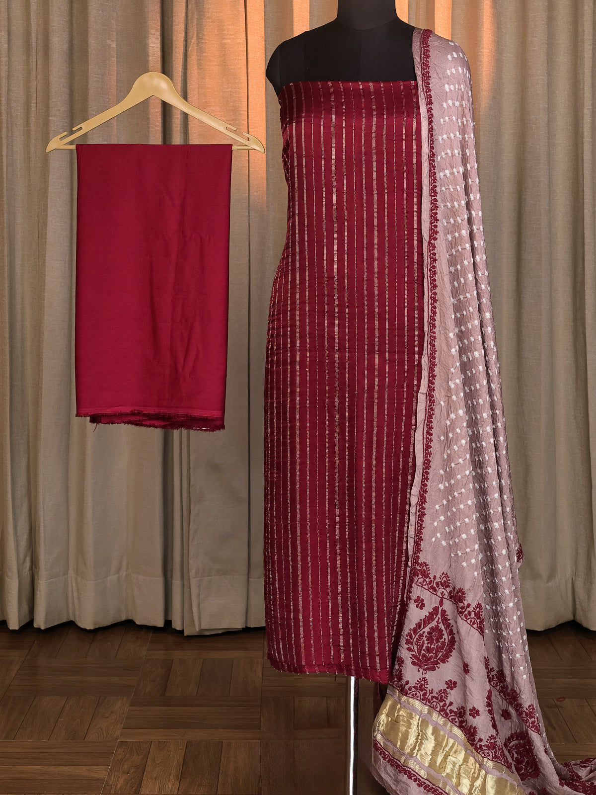 Maroon & Pastel Brown Gajji Unstitched Suit