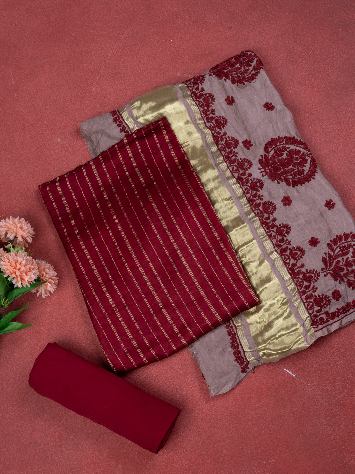 Maroon & Pastel Brown Gajji Unstitched Suit