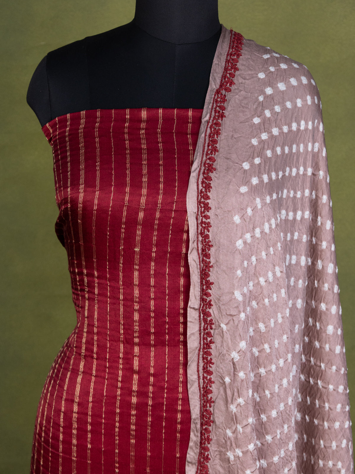 Maroon & Pastel Brown Gajji Unstitched Suit