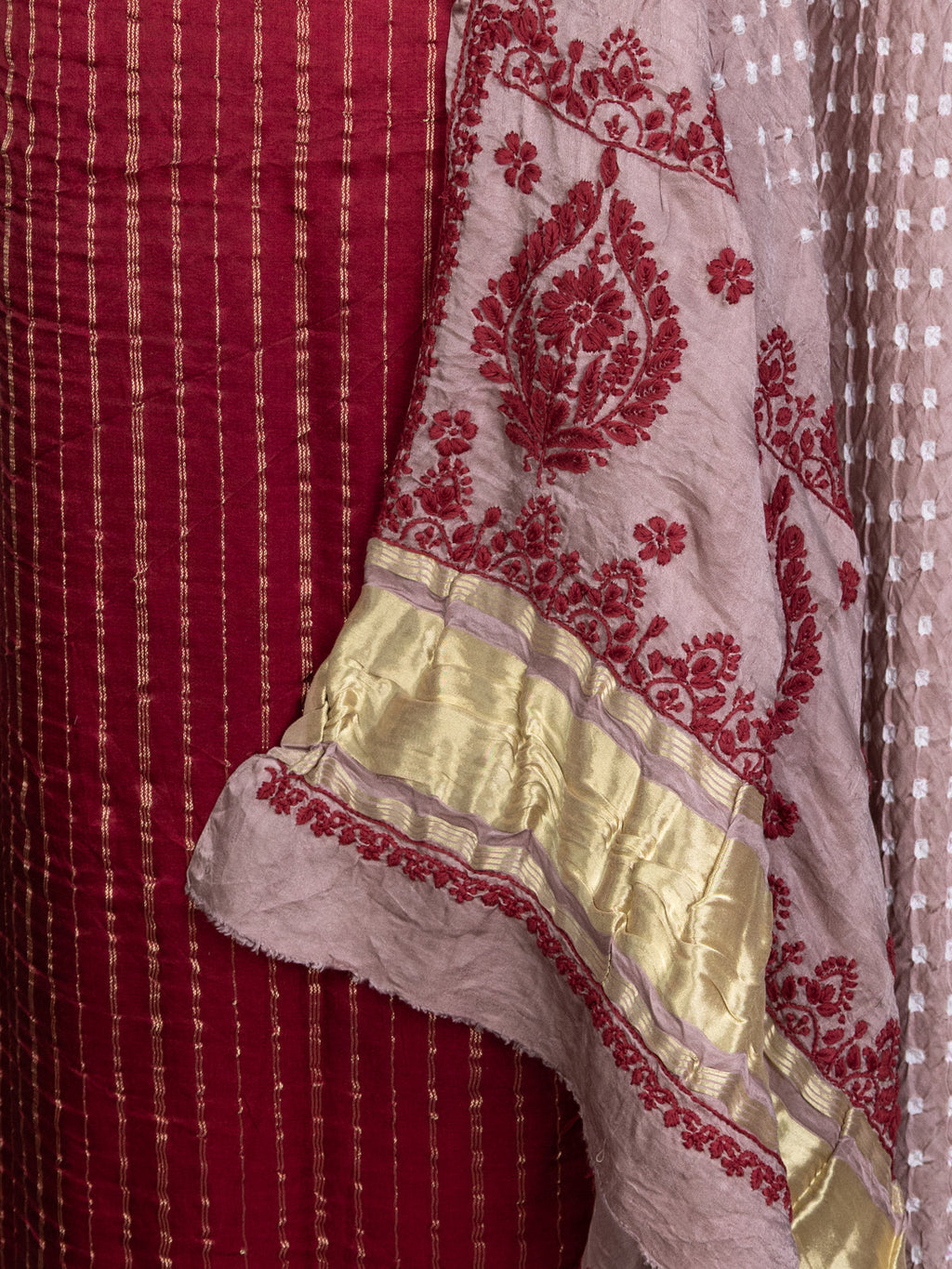 Maroon & Pastel Brown Gajji Unstitched Suit