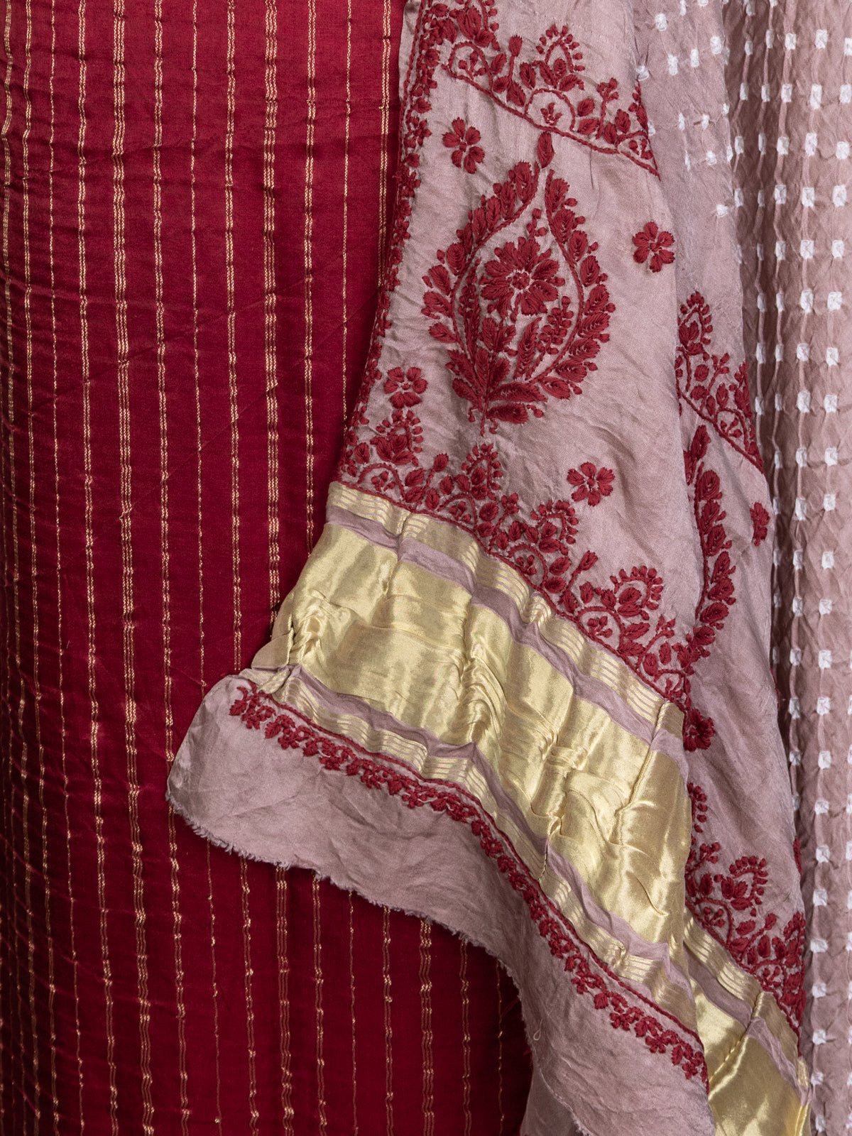 Maroon & Pastel Brown Gajji Unstitched Suit