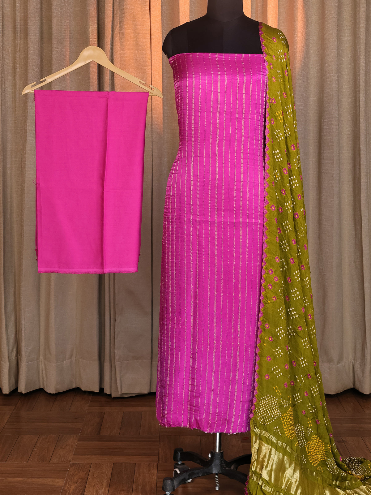 Pink & Light Green Gajji Unstitched Suit