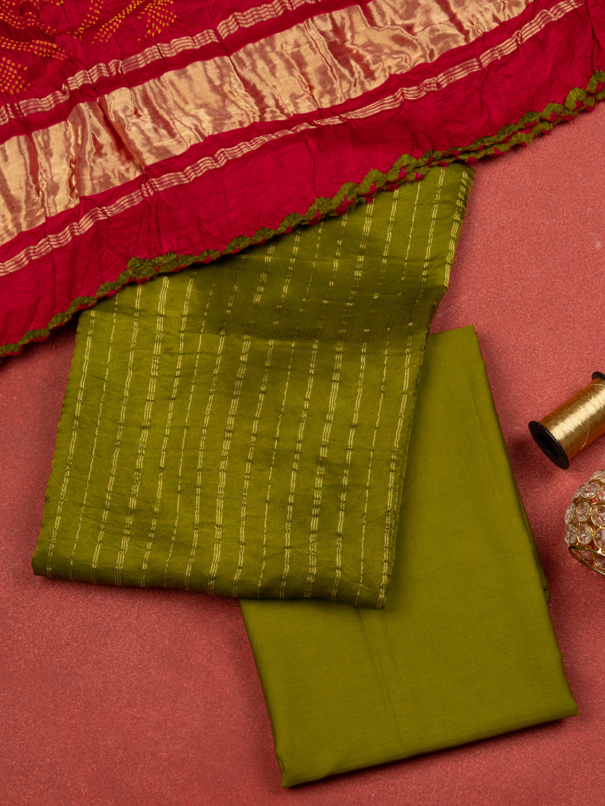 Mehendi Green & Pink Gajji Unstitched Suit