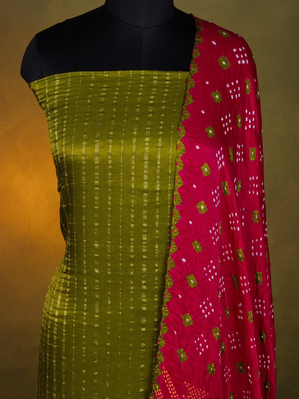 Mehendi Green & Pink Gajji Unstitched Suit