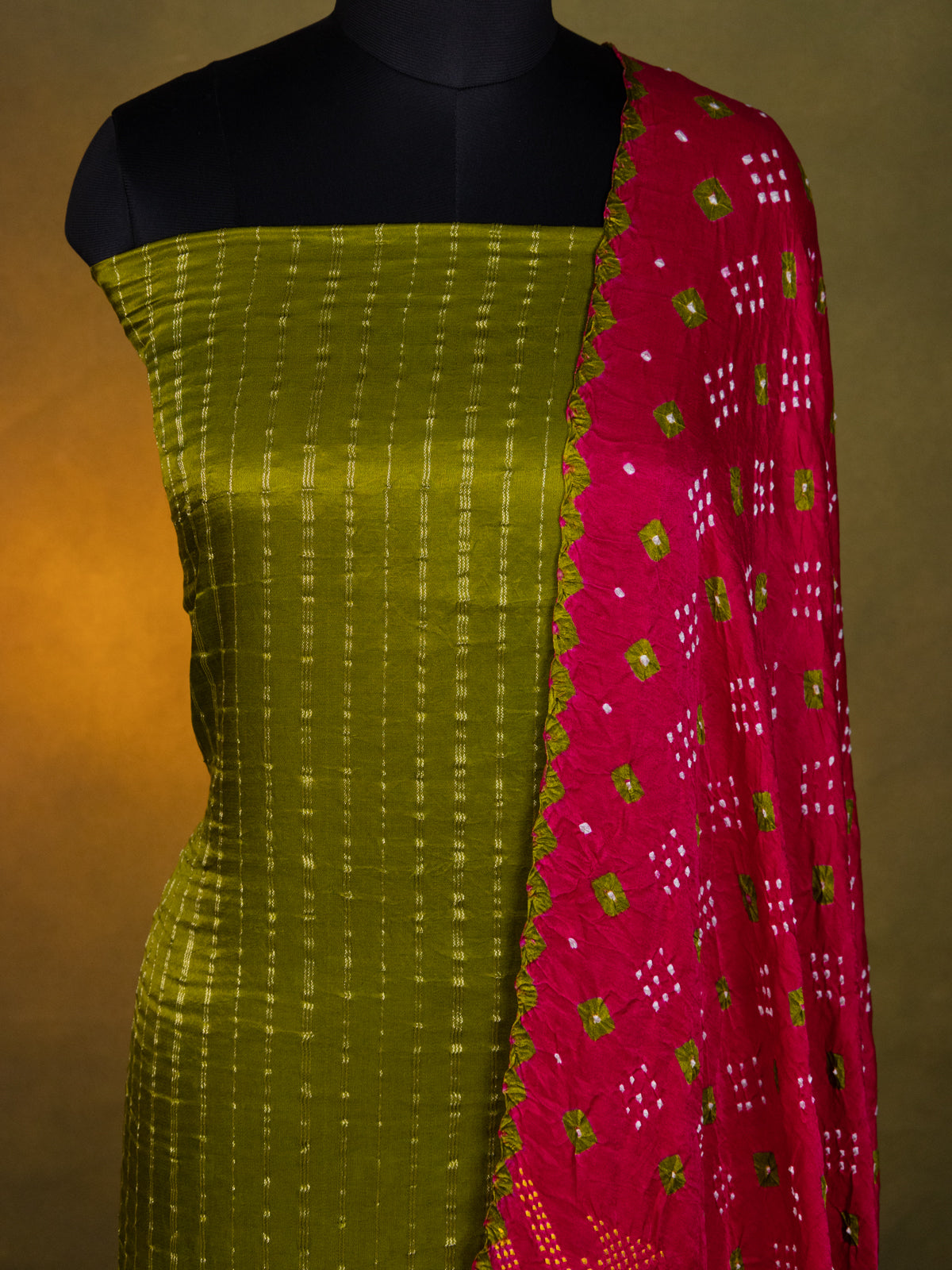 Mehendi Green & Pink Gajji Unstitched Suit