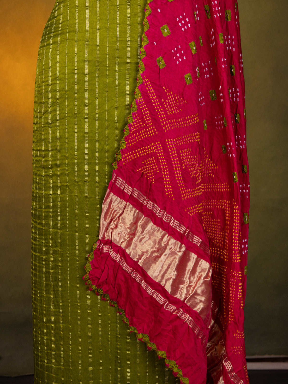 Mehendi Green & Pink Gajji Unstitched Suit