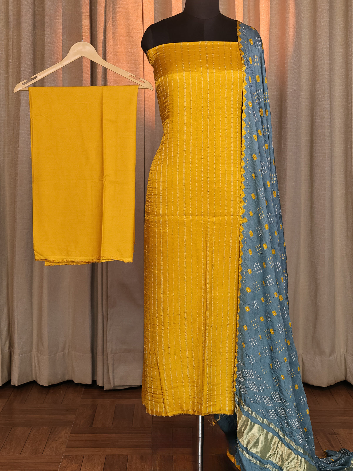 Yellow & Blue Gajji Unstitched Suit