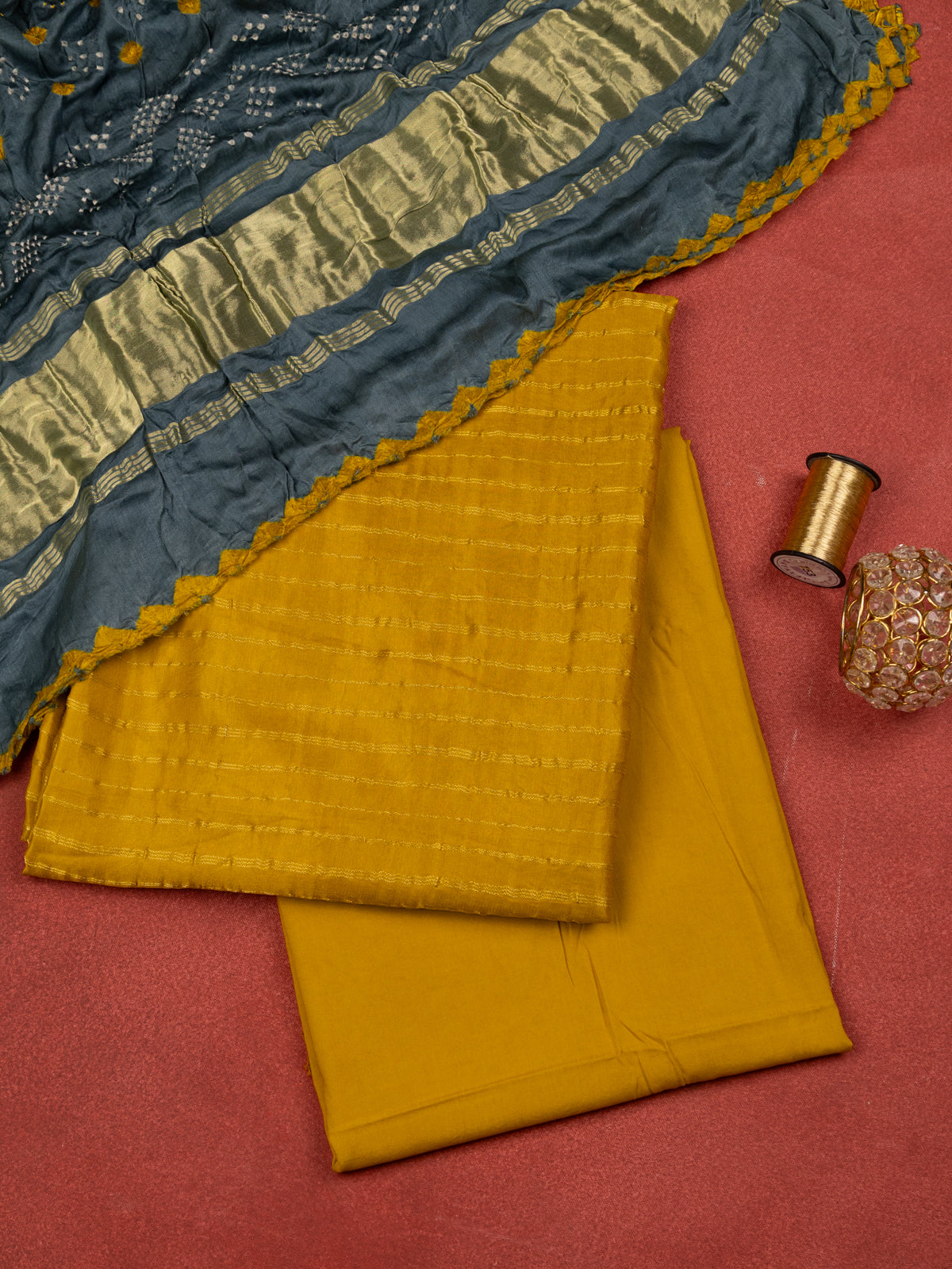 Yellow & Blue Gajji Unstitched Suit