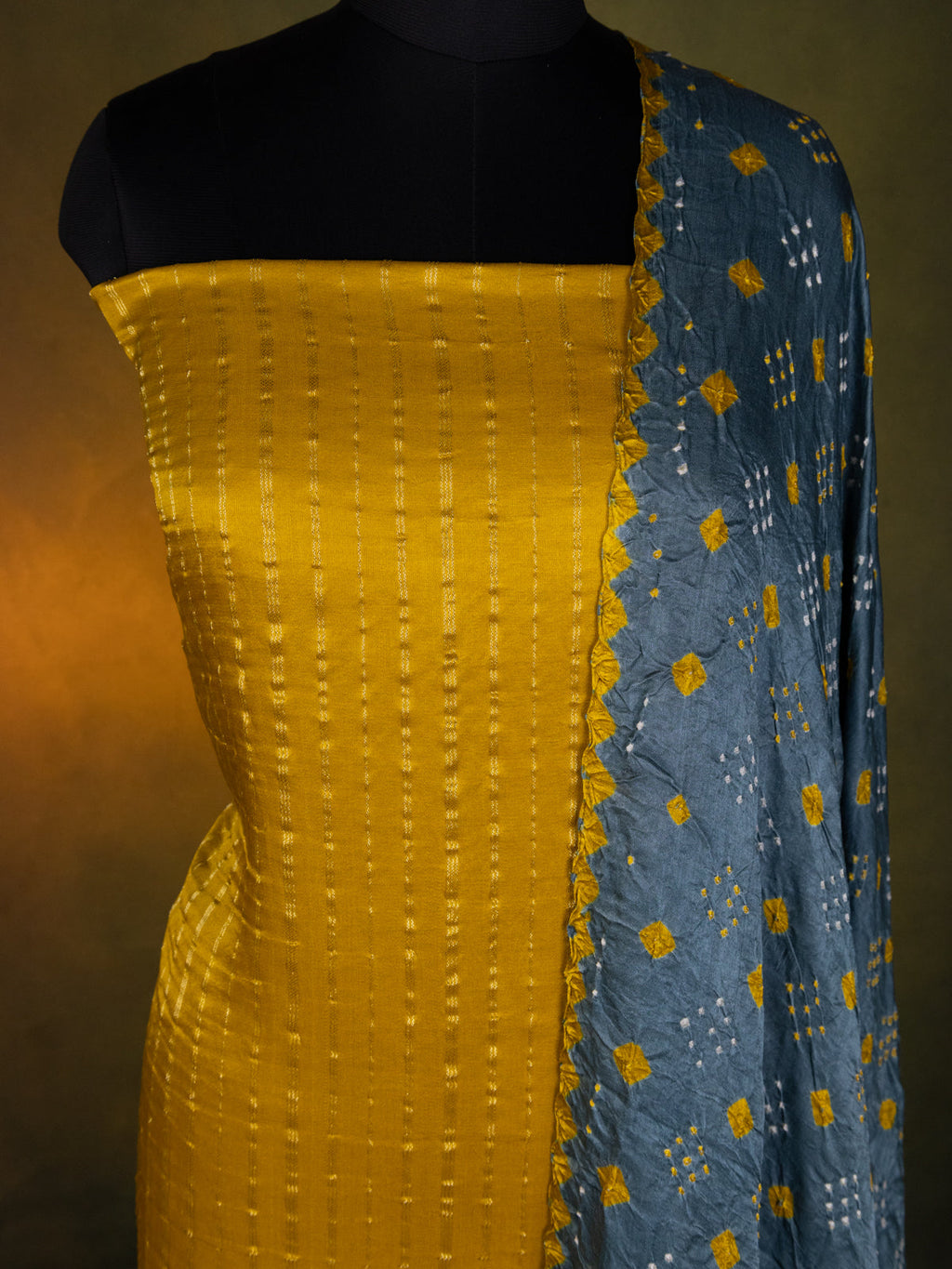 Yellow & Blue Gajji Unstitched Suit
