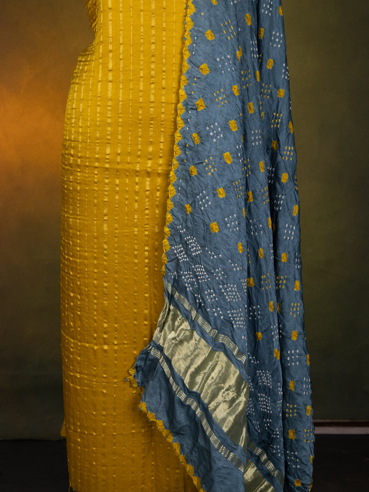Yellow & Blue Gajji Unstitched Suit
