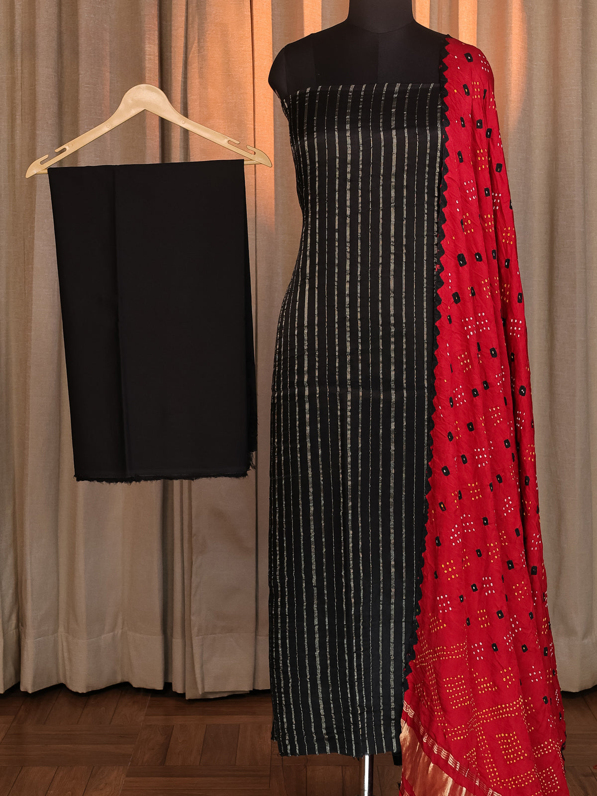 Black & Red Gajji Unstitched Suit