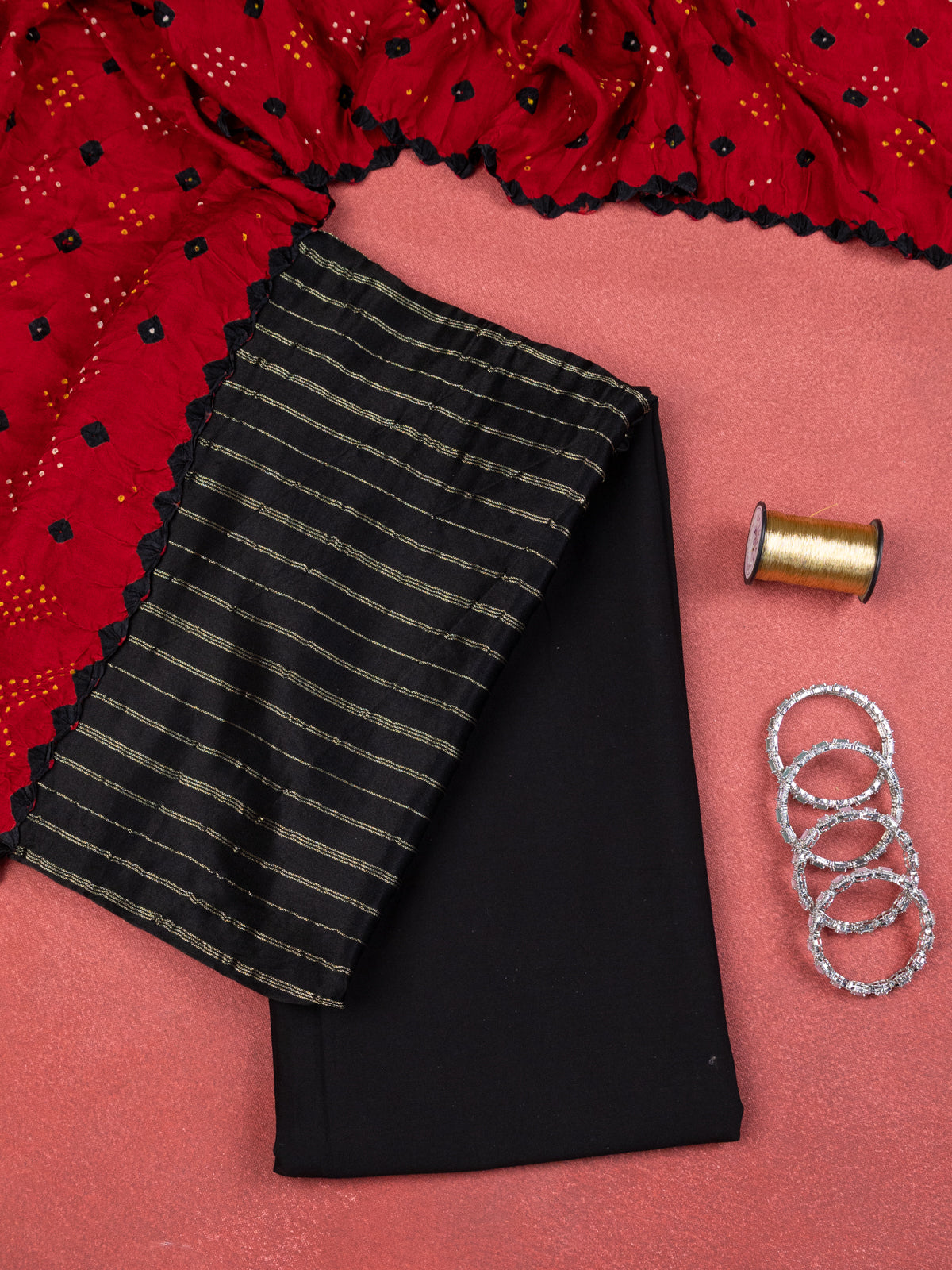 Black & Red Gajji Unstitched Suit