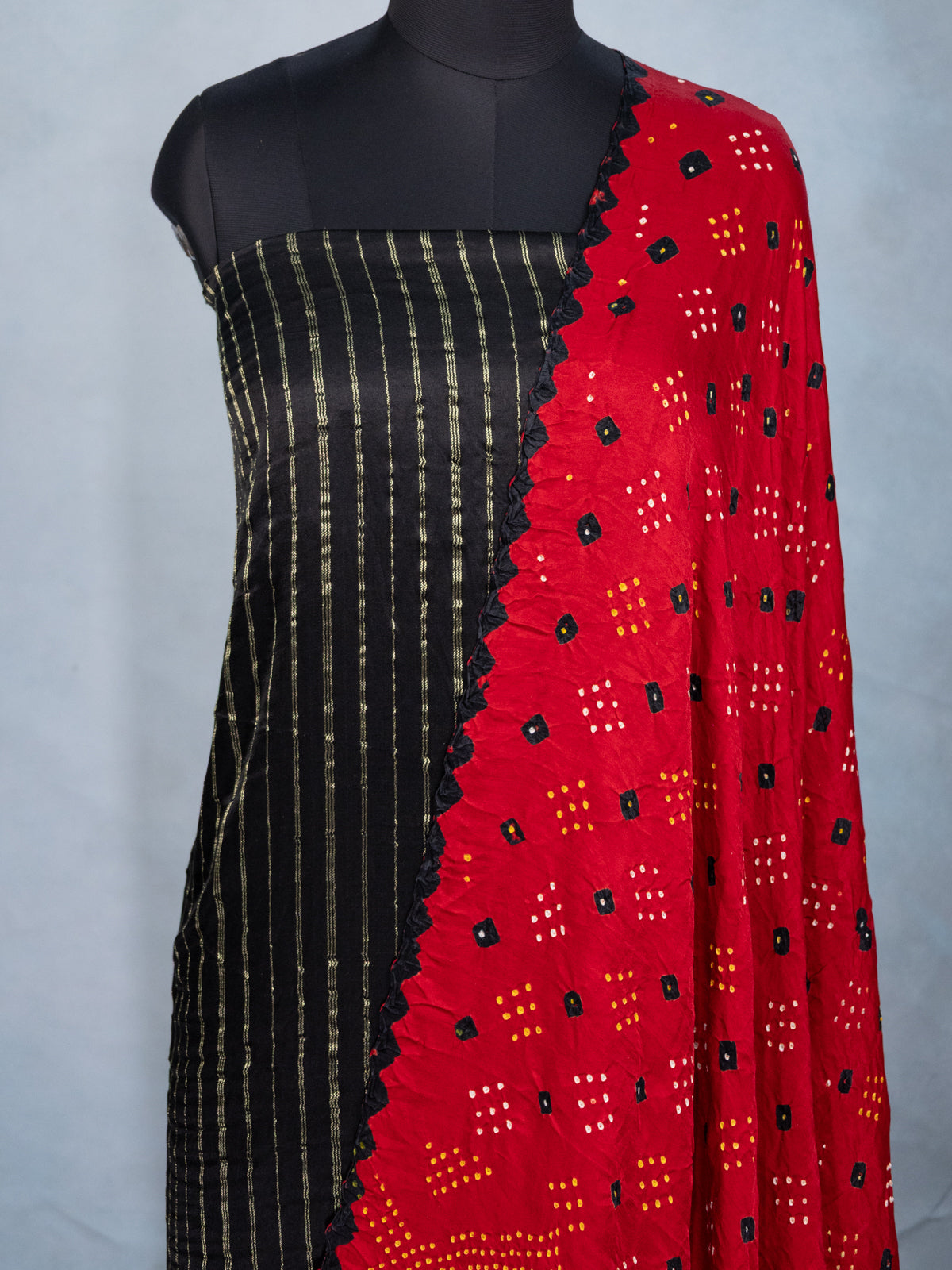 Black & Red Gajji Unstitched Suit