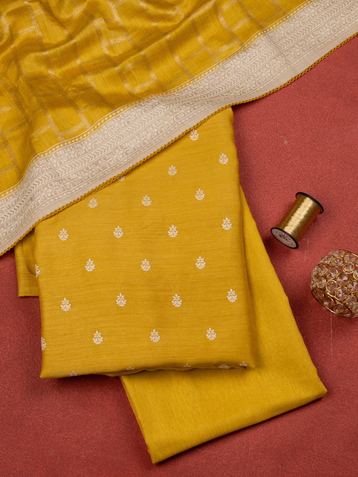 Yellow Tussar Unstitched Suit