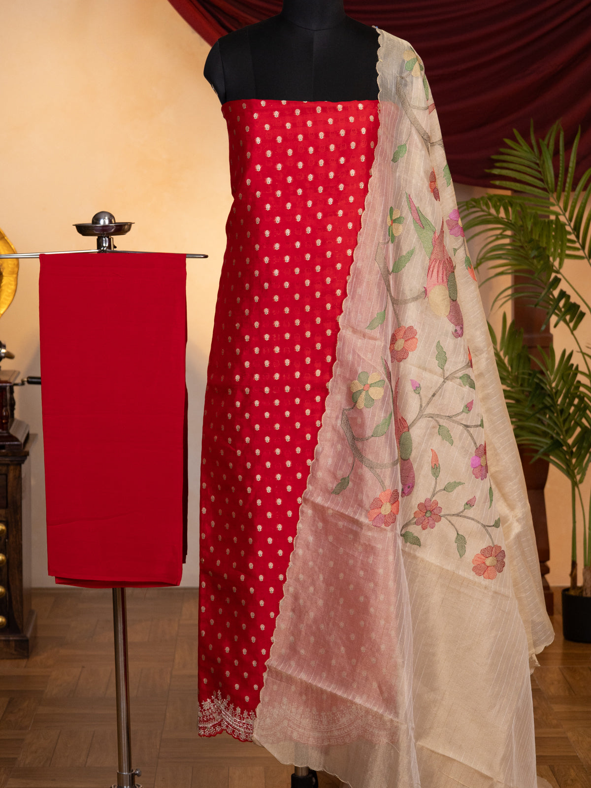 Red Raw Silk Unstitched Suit