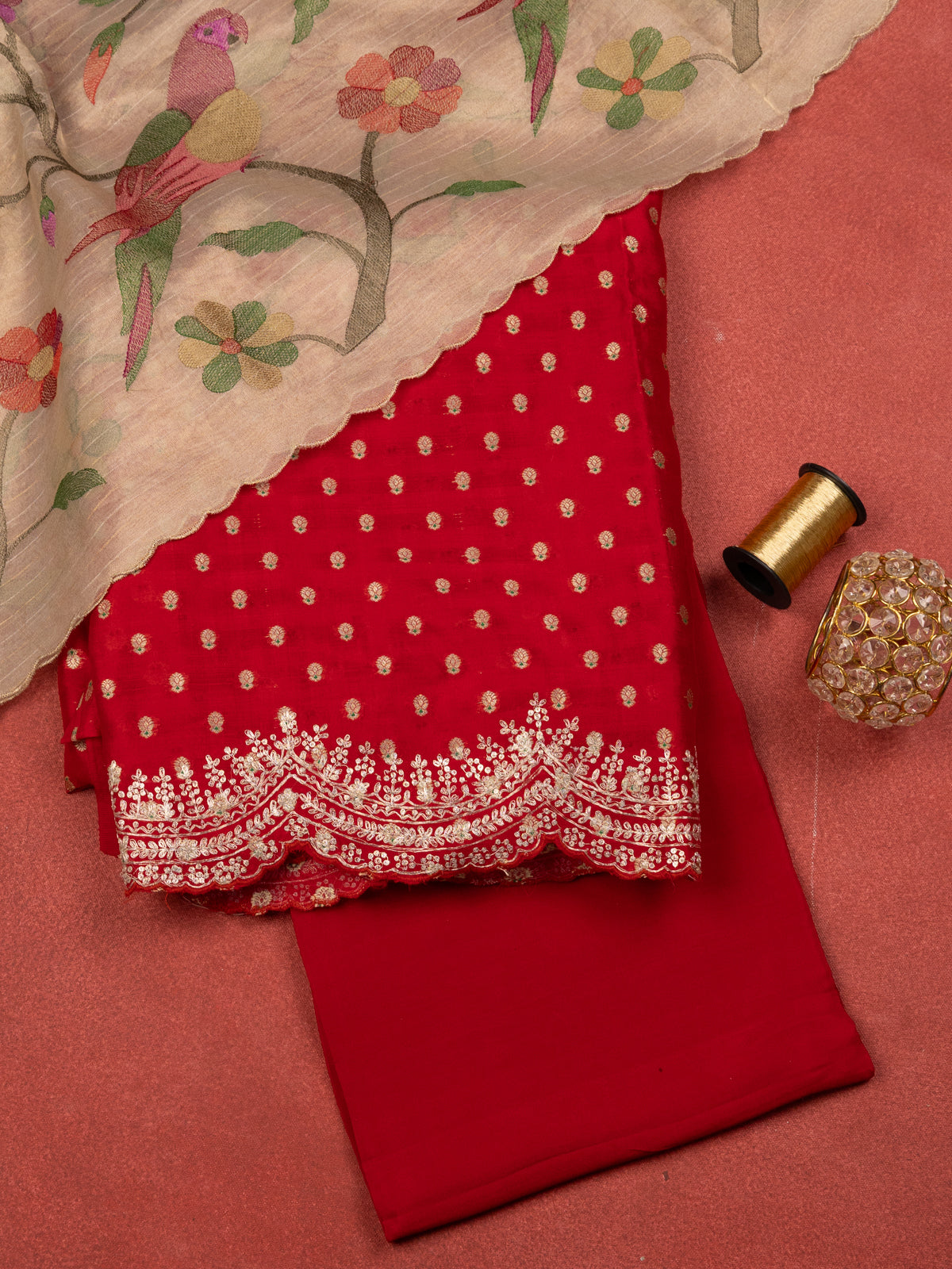 Red Raw Silk Unstitched Suit