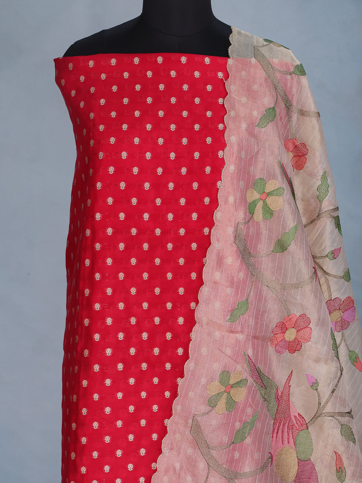 Red Raw Silk Unstitched Suit