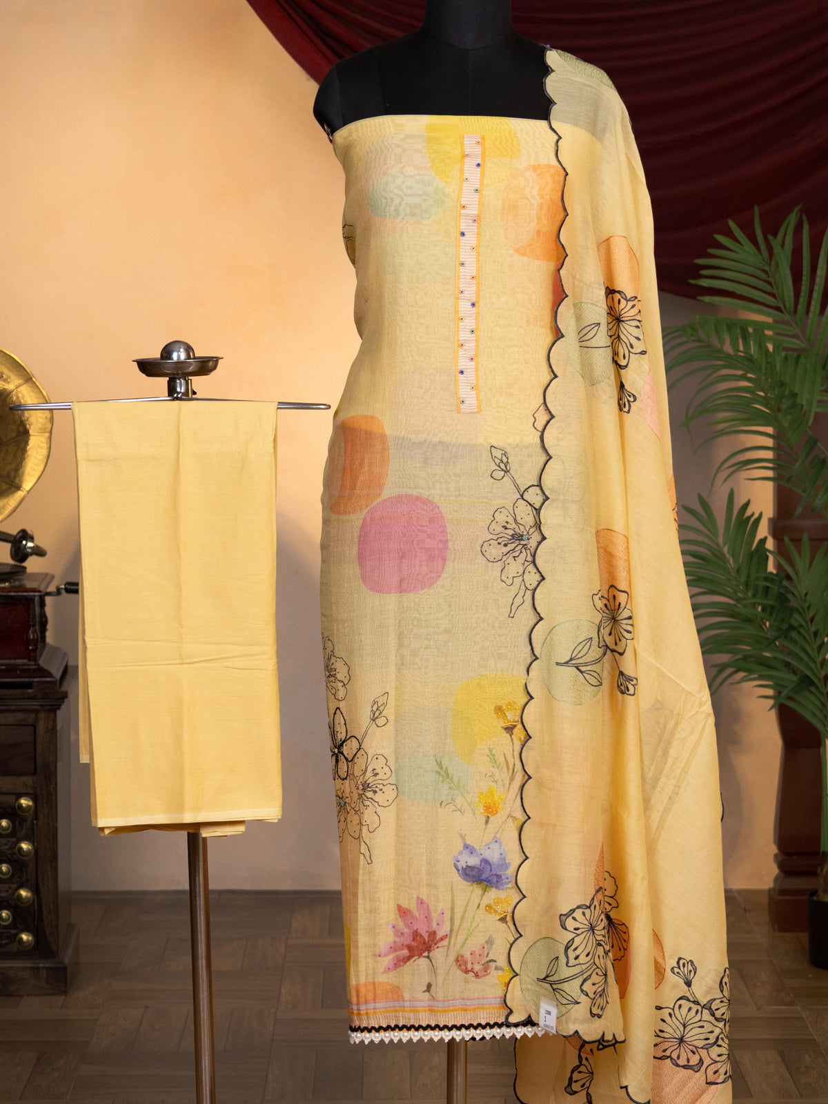 Yellow Chanderi Unstitched Suit with Floral Prints & Beaded Work