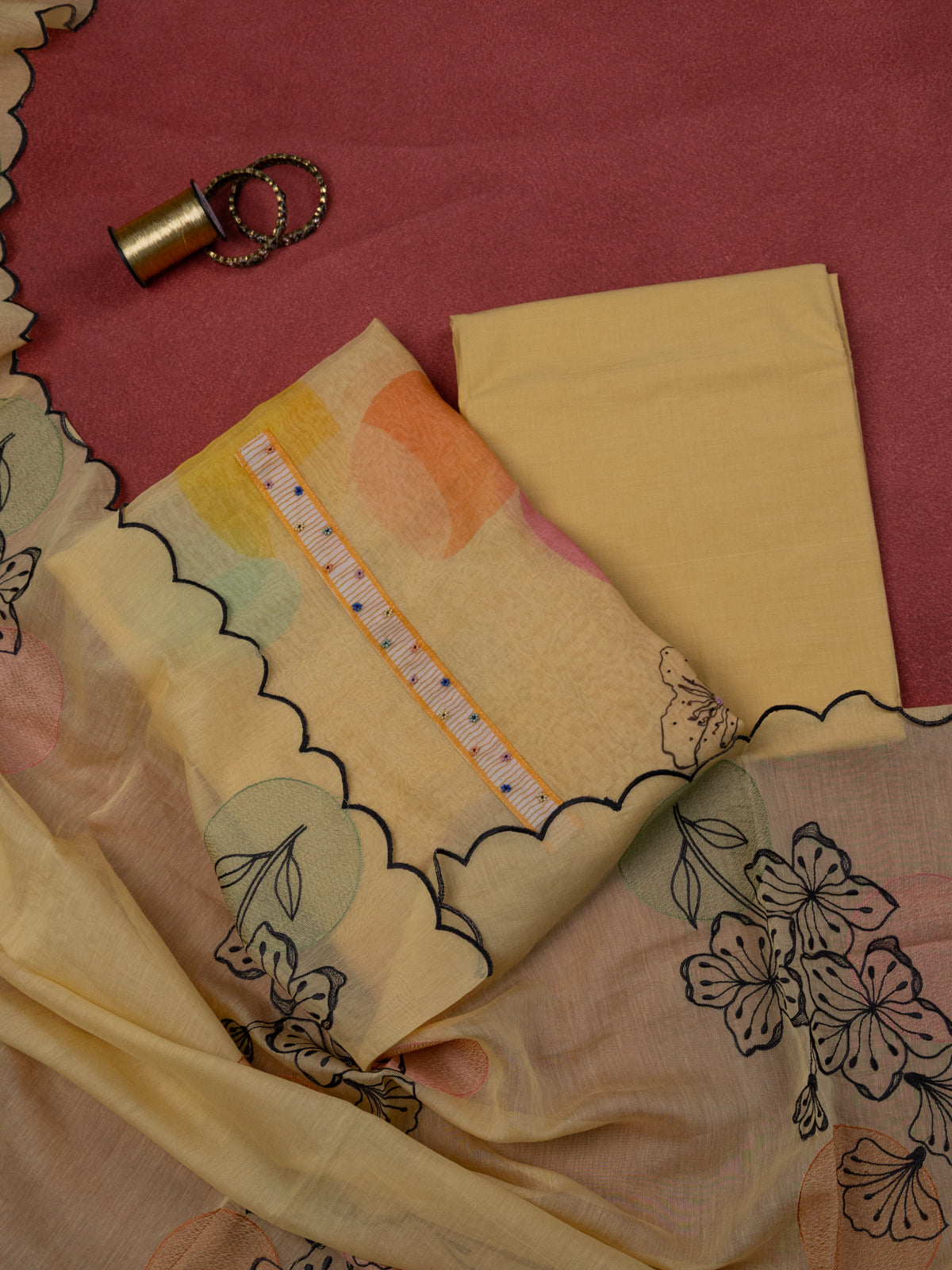 Yellow Chanderi Unstitched Suit with Floral Prints & Beaded Work