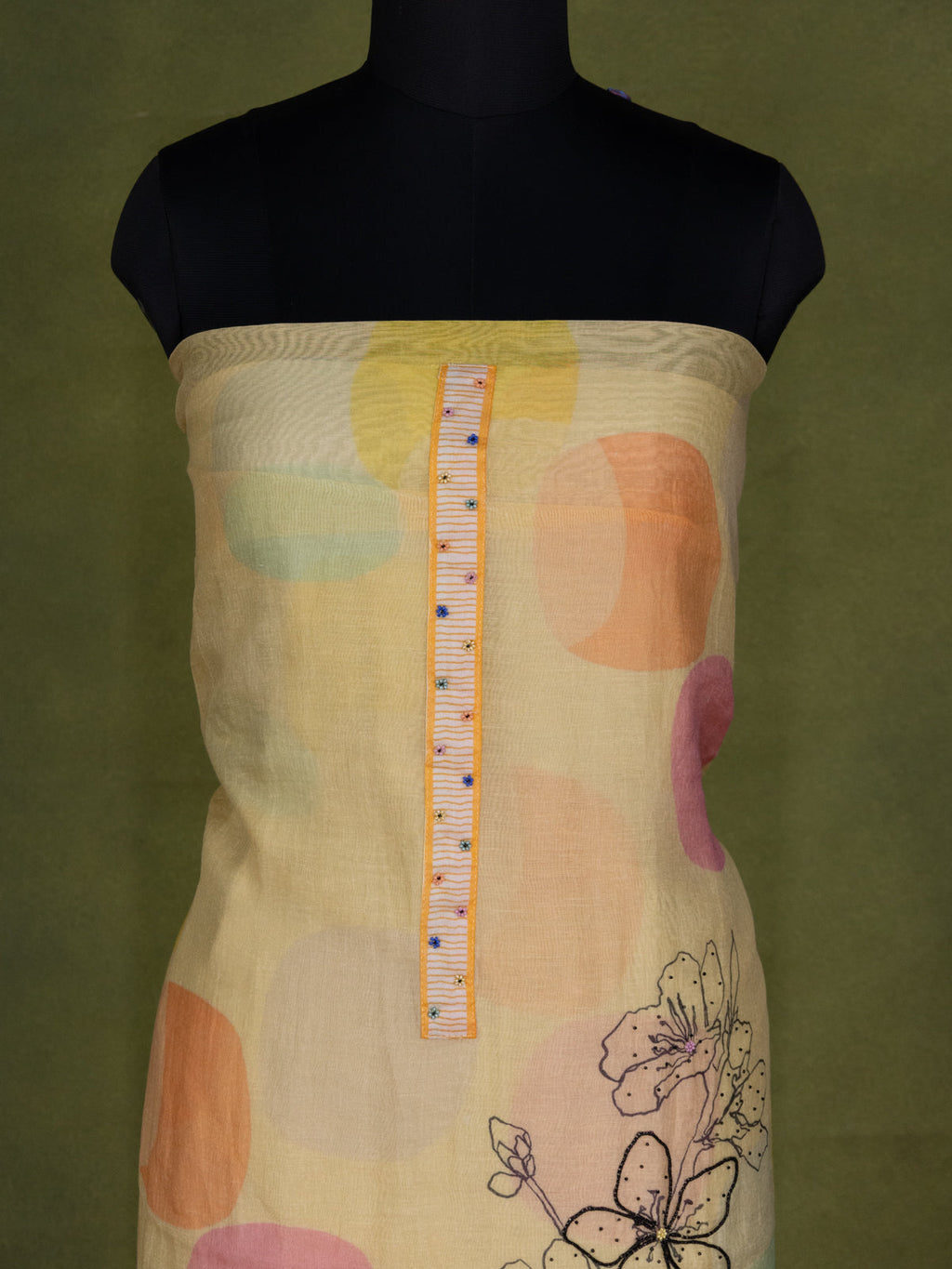 Yellow Chanderi Unstitched Suit with Floral Prints & Beaded Work