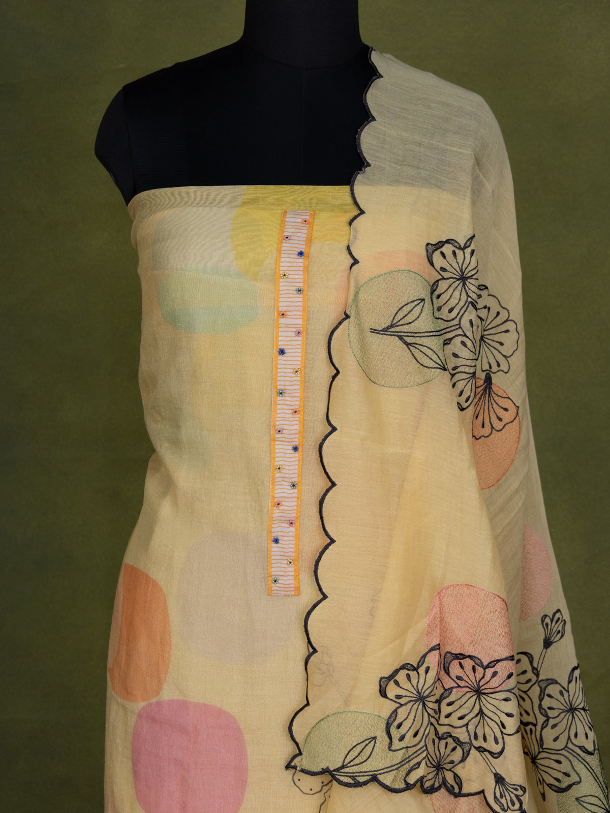 Yellow Chanderi Unstitched Suit with Floral Prints & Beaded Work