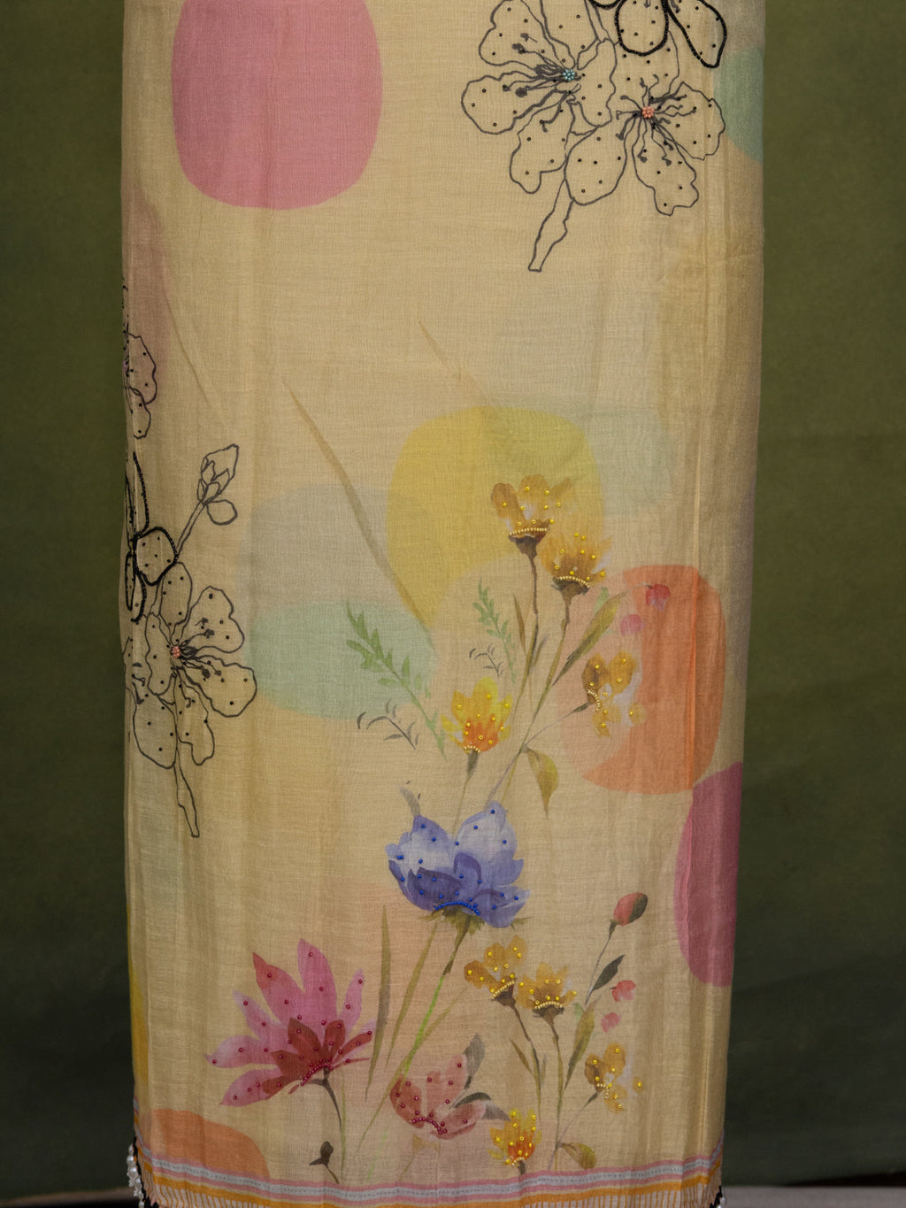 Yellow Chanderi Unstitched Suit with Floral Prints & Beaded Work